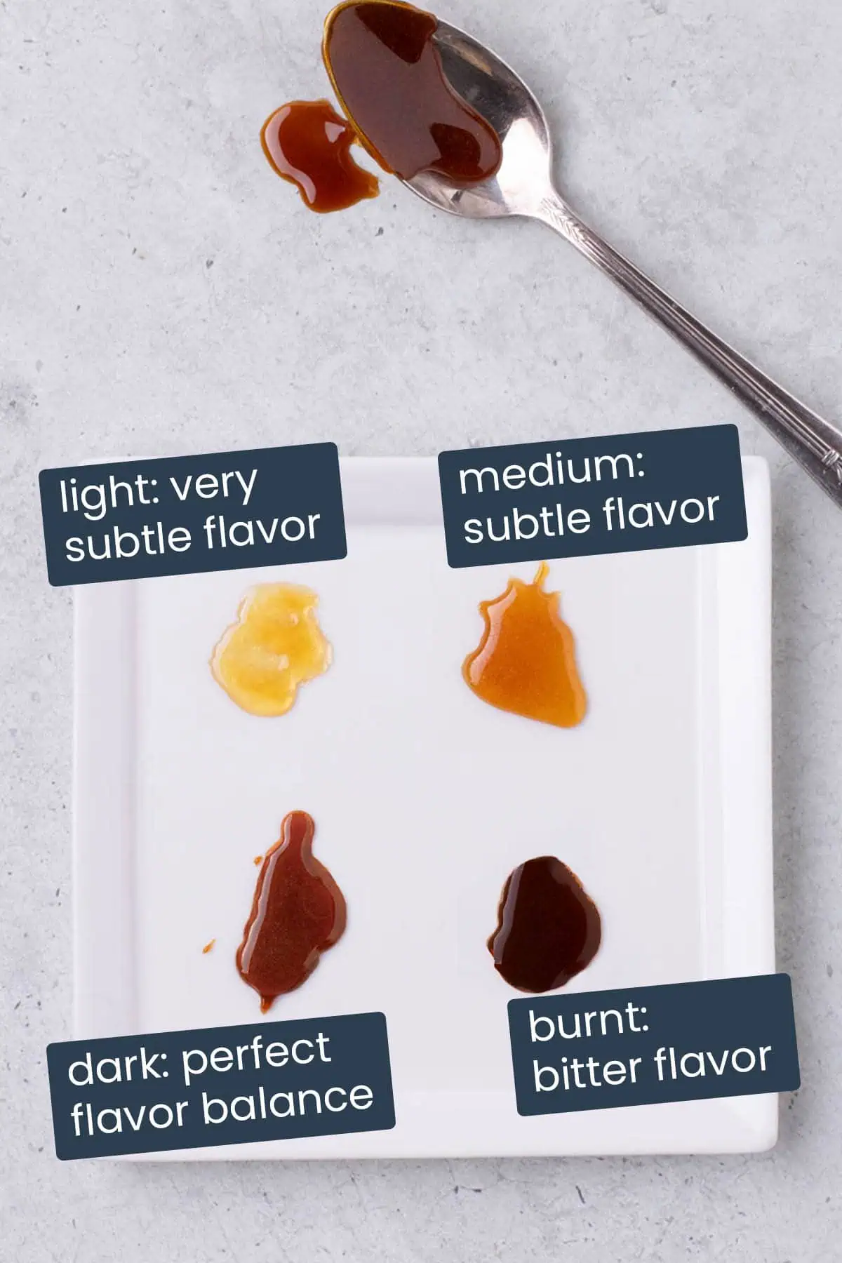 Four stages of caramel: light, medium, dark, and burnt, showing the sugar’s progression in color and flavor.