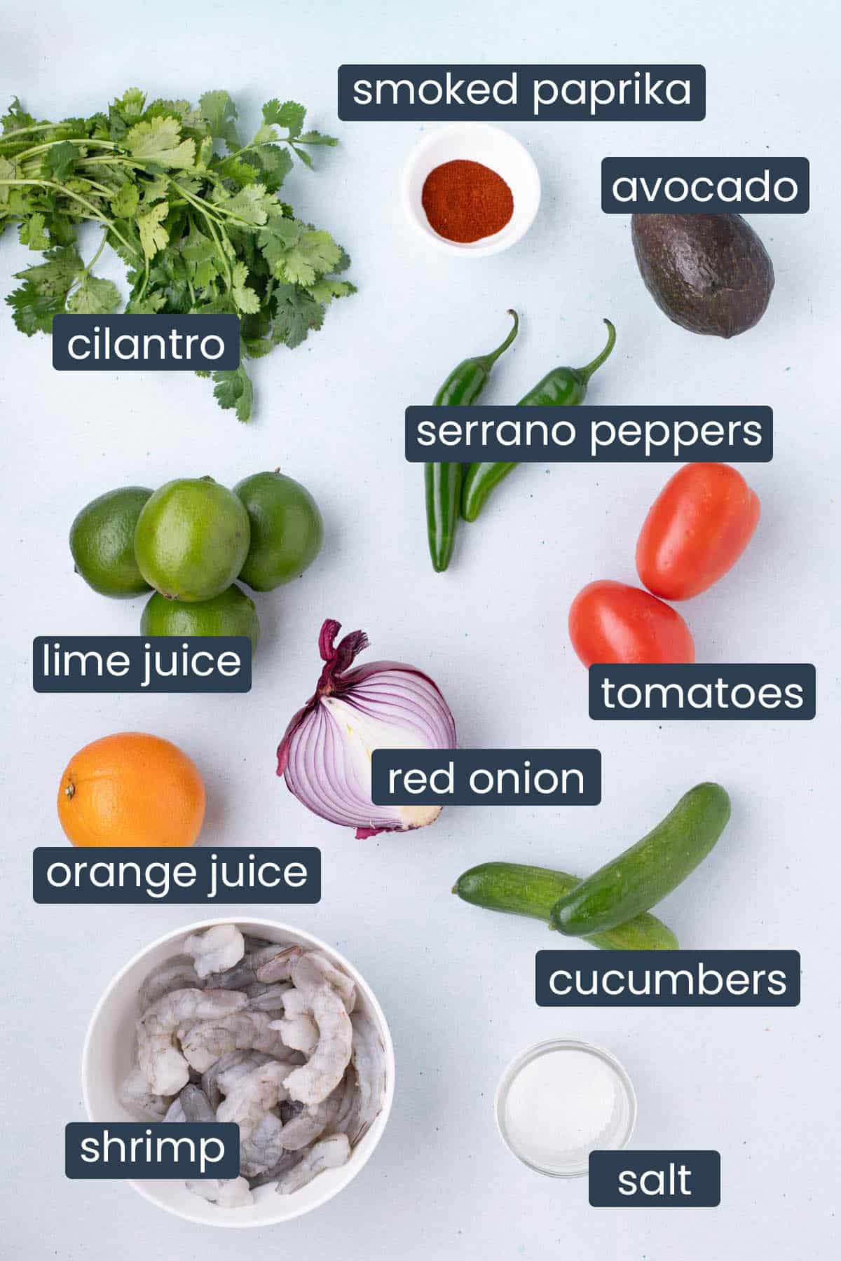 Flat lay of fresh shrimp ceviche ingredients including raw shrimp, limes, orange, avocado, tomatoes, cucumber, red onion, jalapeños, cilantro, smoked paprika, and salt, all labeled and arranged on a light blue background.