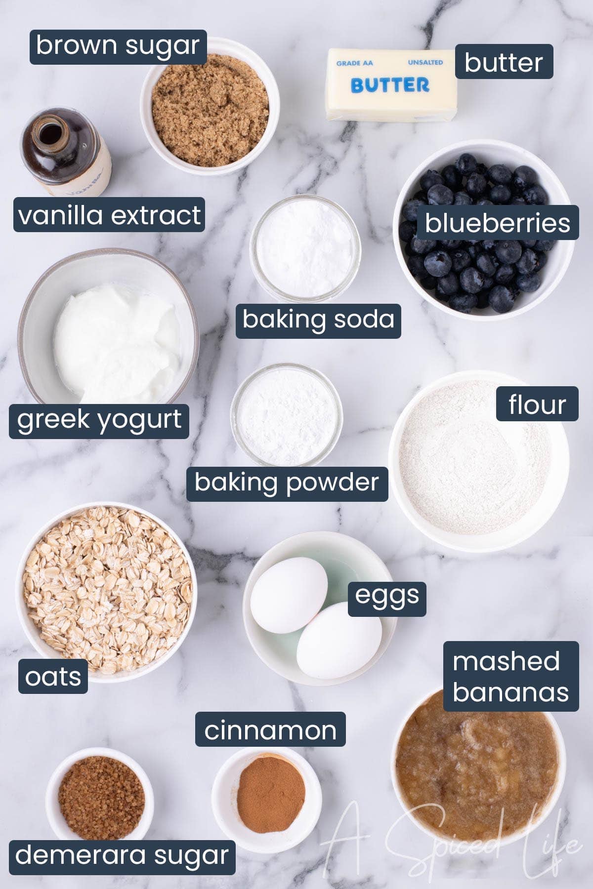 Overhead image of labeled baking ingredients for muffins
