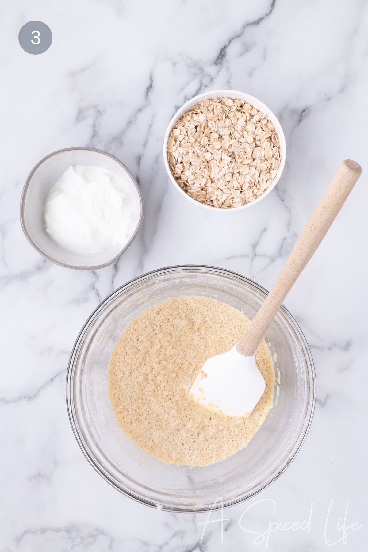 Step 3: Greek yogurt and oats added to the wet mixture