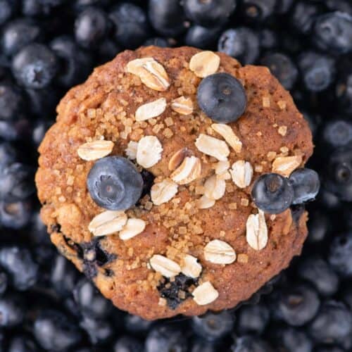 Muffin surrounded by fresh blueberries for a dramatic top-down visual