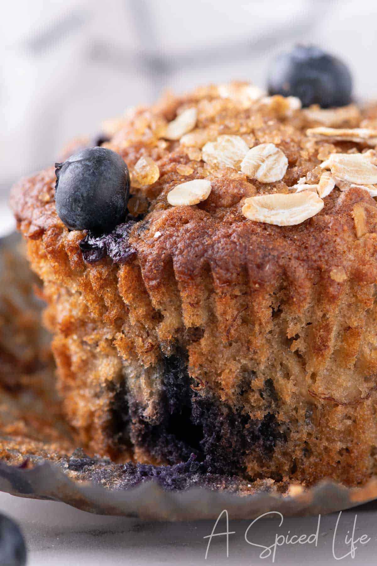 Extreme close-up of muffin texture showing oats, caramelized top, and a burst blueberry.