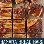 Sliced banana bread bars topped with pecans and caramel