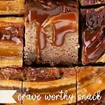 Gooey banana bars topped with salted caramel and pecans