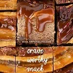 Macro shot of gooey banana bread bar with dripping caramel and text overlay reading “crave worthy snack.”