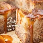 Banana bread bar with caramel swirl cut open to show moist interior and glossy topping.