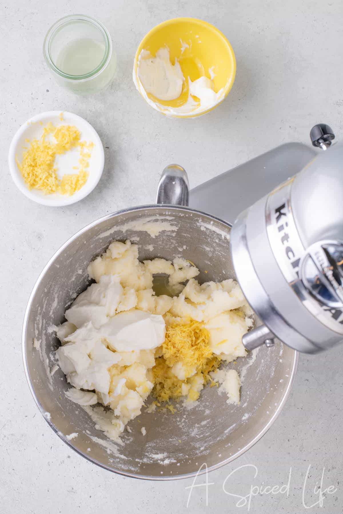 Butter, sugar, Greek yogurt, lemon juice, and lemon zest combined in mixer bowl