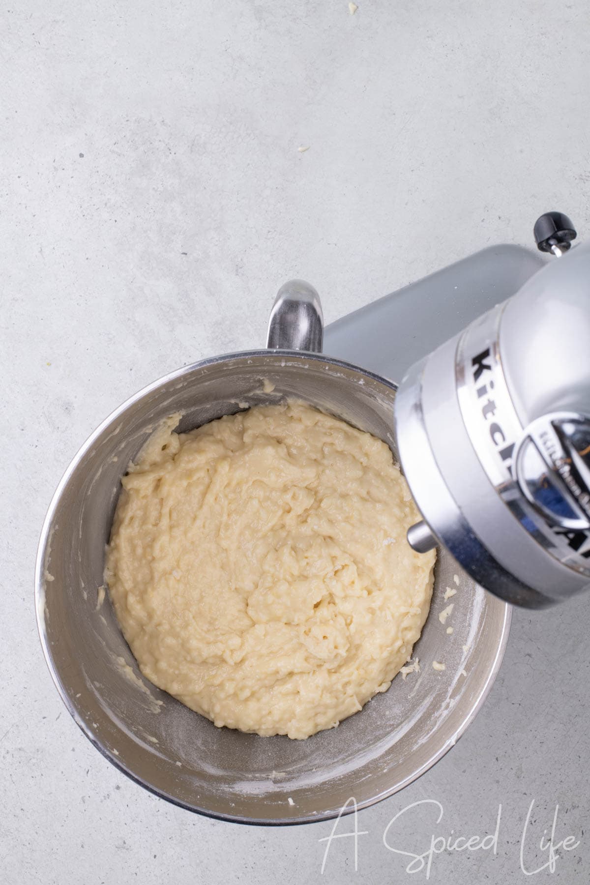 Smooth batter in mixing bowl after flour mixture is incorporated
