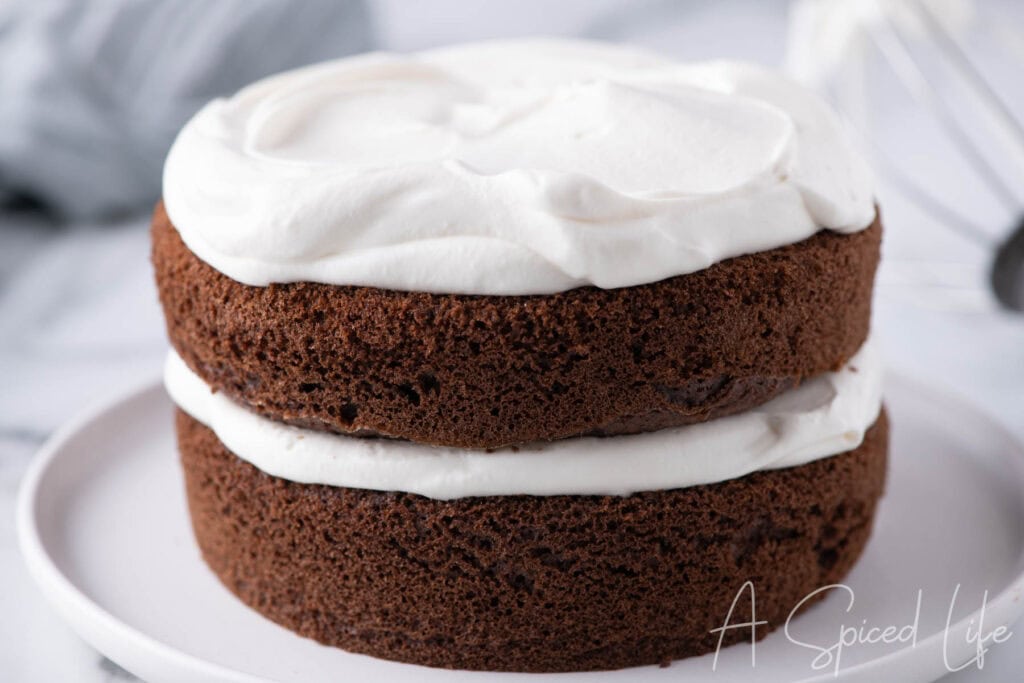 Chocolate layer cake filled and topped with smooth, fluffy Chantilly cream.