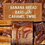Stack of banana bread bars showing soft crumb and caramel sauce layers