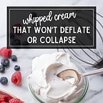 Spoon scooping thick stabilized whipped cream from a glass jar.