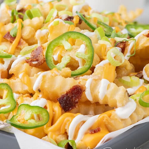 Loaded french fries topped with creamy cheese sauce, bacon, sour cream, jalapeños, and green onions