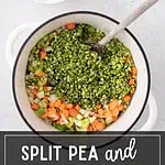 Bowl of split pea and ham soup with thick, creamy texture