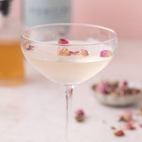 Coupe glass filled with a clear rose mocktail topped with floating dried rose petals on a soft pink background