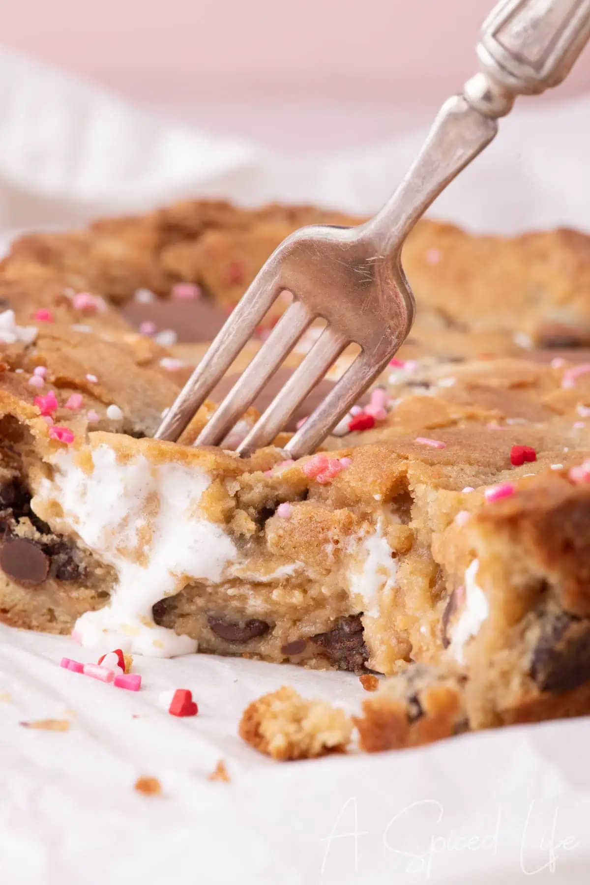 Marshmallow chocolate chip cookie cake slice with soft center
