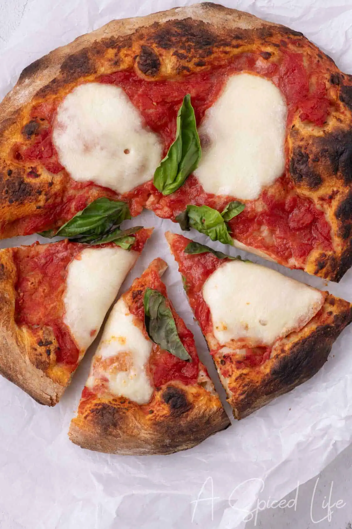 Sliced Neapolitan-style pizza with tomato sauce and mozzarella on parchment