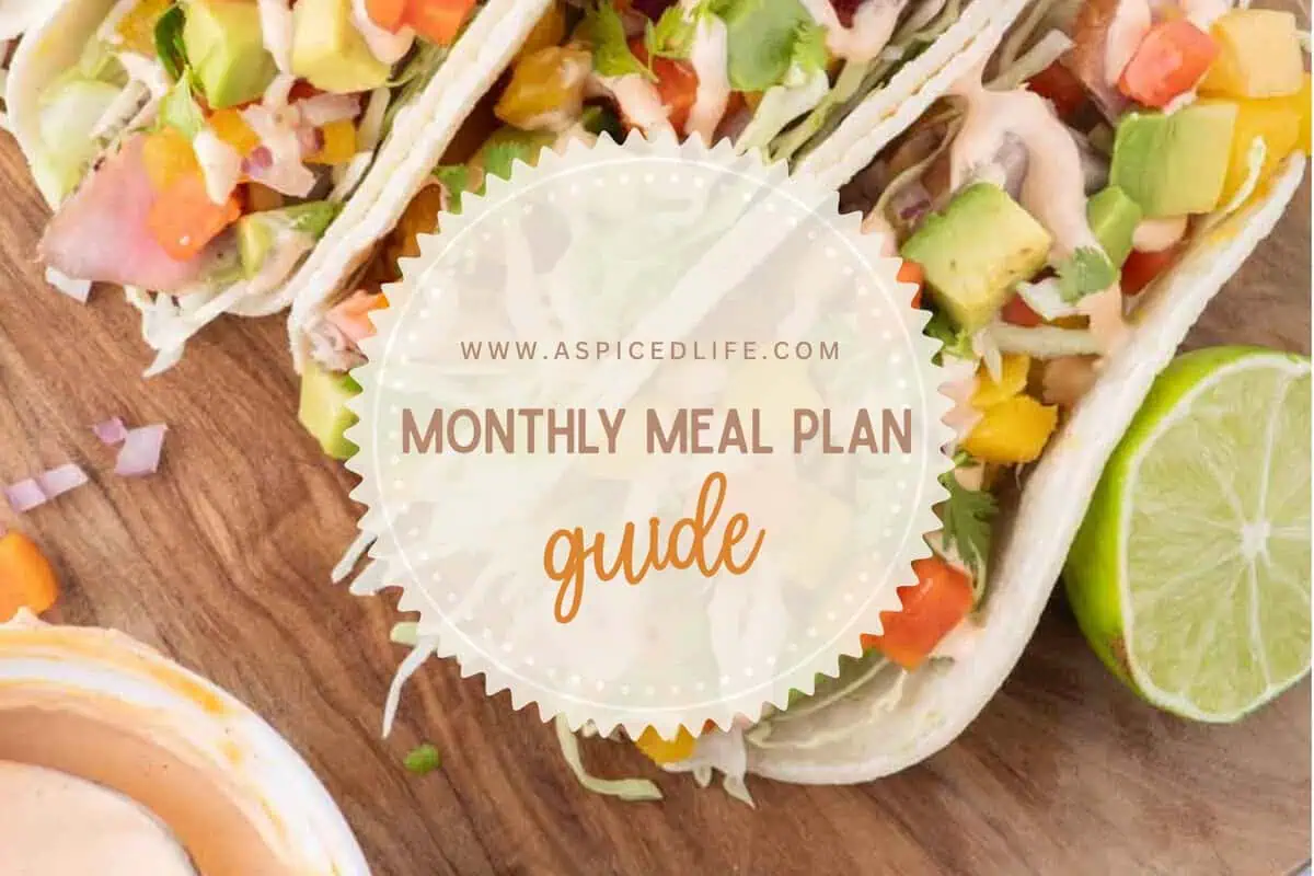Monthly meal planning guide featuring family-friendly dinner ideas including tacos, seasonal meals, and easy weeknight recipes.