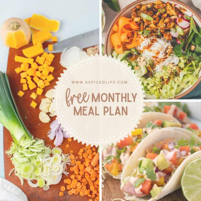 Collage featuring fresh ingredients, a noodle bowl, fish tacos, and text promoting a free monthly family meal plan.