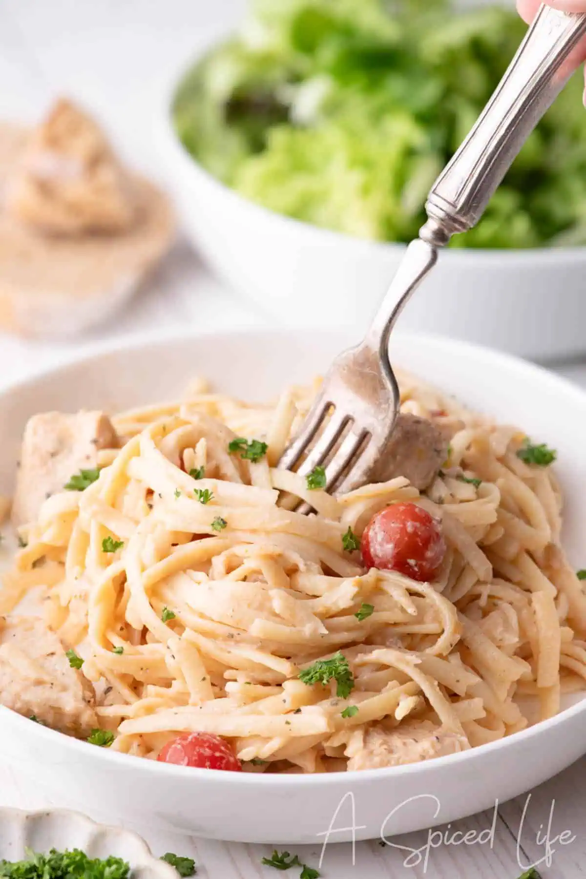 Fork lifting creamy chicken spaghetti noodles with chicken and tomatoes