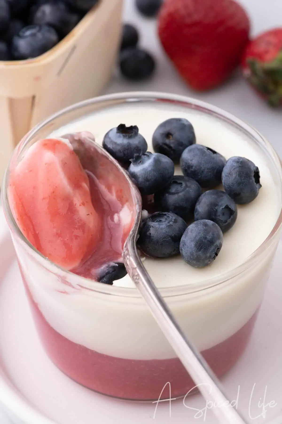 Close-up of coconut panna cotta cups topped with blueberries and layered strawberry puree.