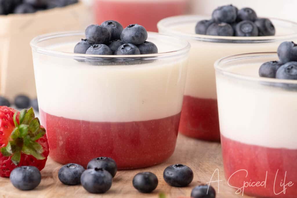 Close-up of coconut panna cotta cups topped with blueberries and layered strawberry puree.