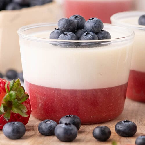 Close-up of coconut panna cotta cups topped with blueberries and layered strawberry puree.