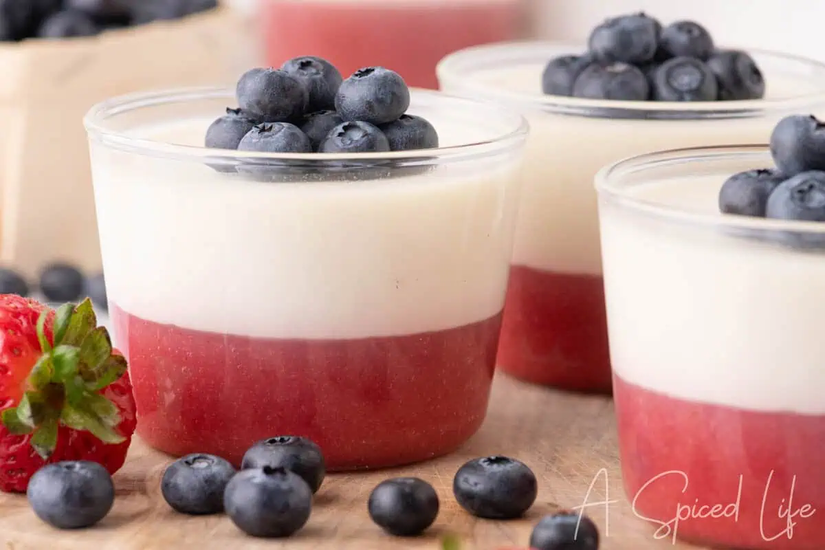 Close-up of coconut panna cotta cups topped with blueberries and layered strawberry puree.