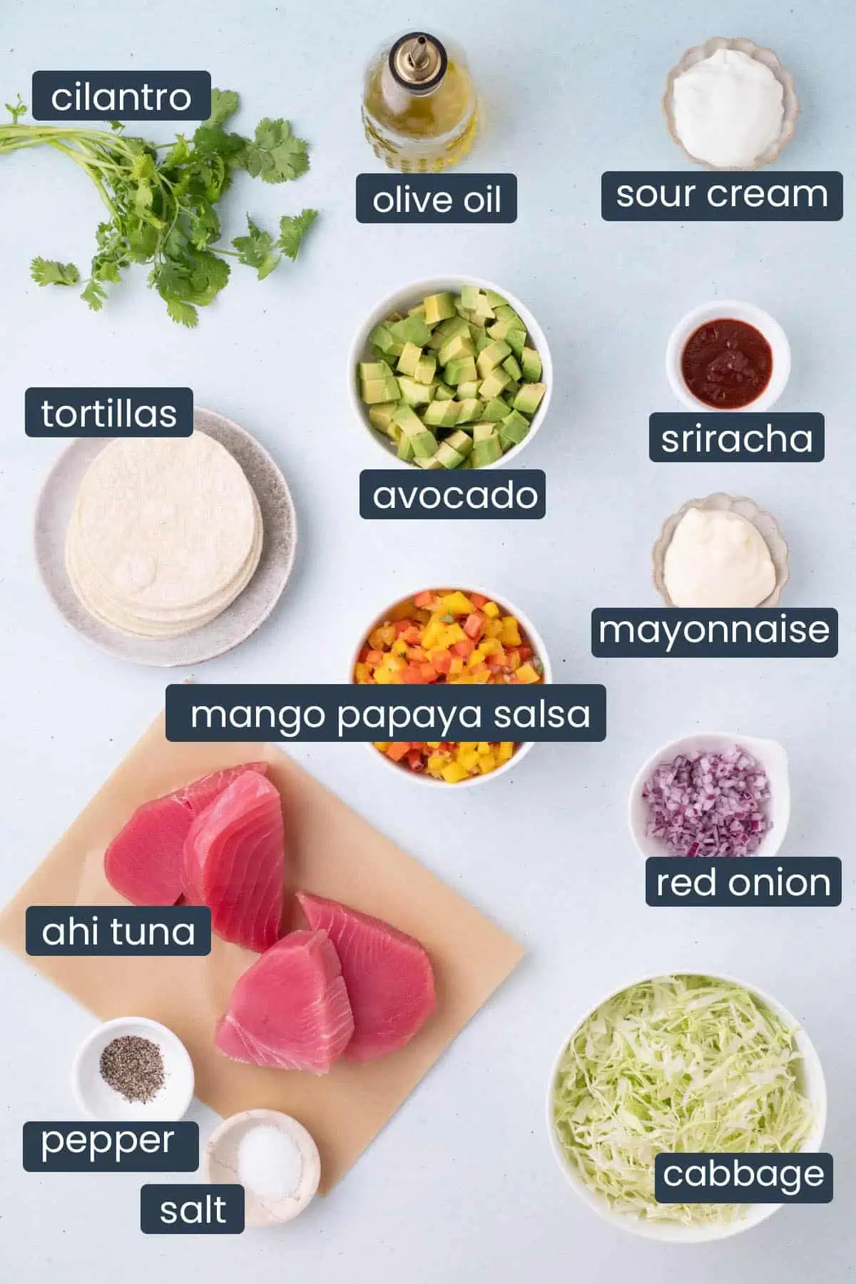 Ingredients for ahi tuna tacos including ahi tuna, mango papaya salsa, cabbage, avocado, tortillas, cilantro, mayonnaise, sour cream, sriracha, olive oil, and red onion