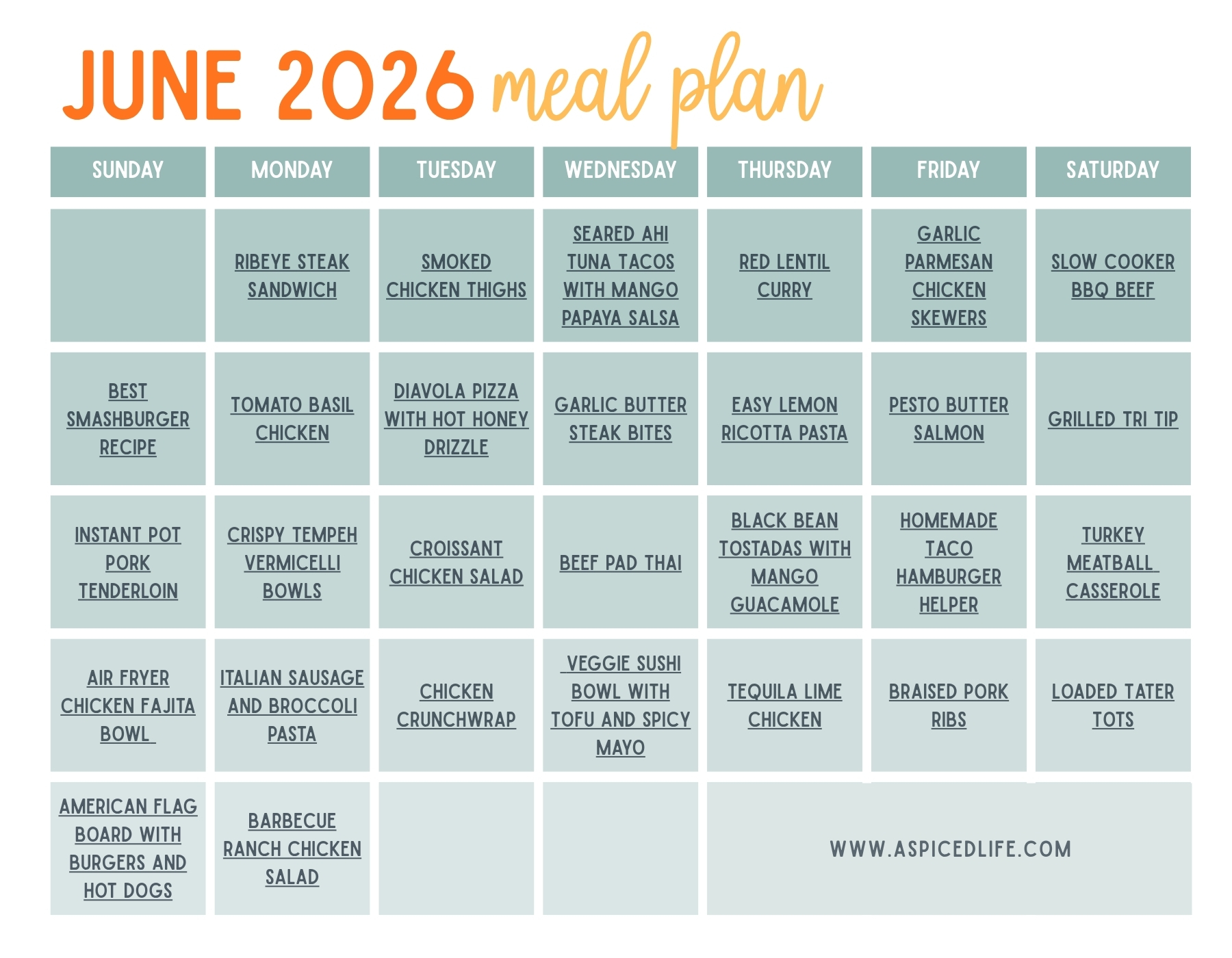 Printable June 2026 family meal plan calendar with balanced and nourishing dinner ideas for every week of the month.