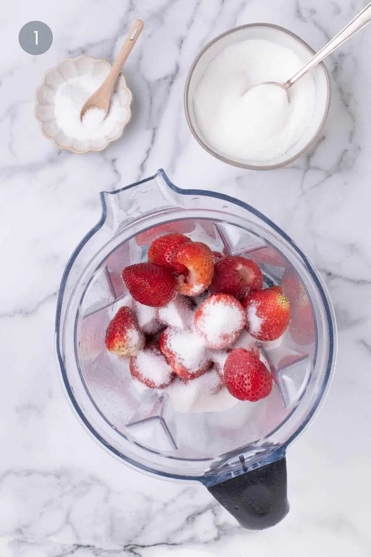 Fresh strawberries blended with sugar for the berry layer of coconut panna cotta.