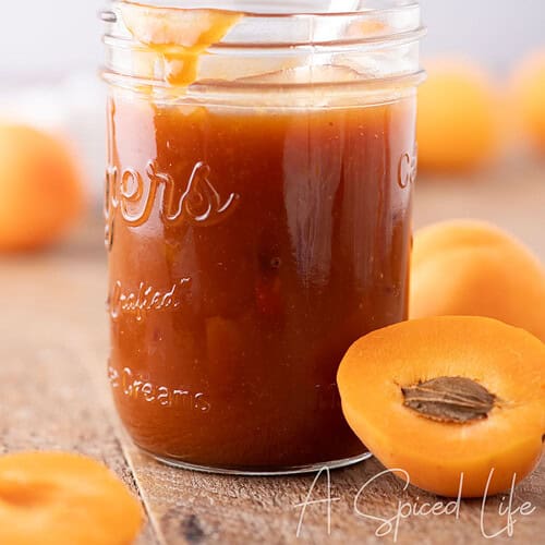 Thick fruity BBQ sauce made with apricots in a mason jar