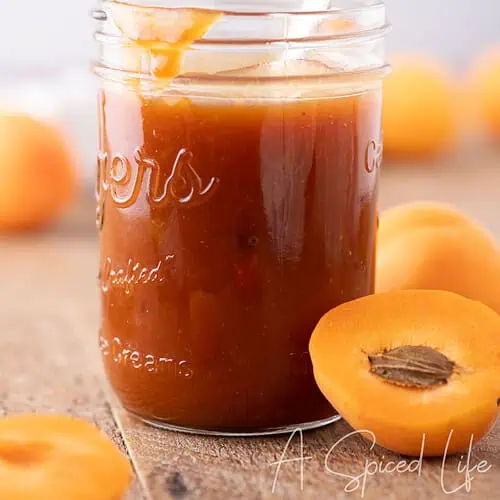 Thick fruity BBQ sauce made with apricots in a mason jar