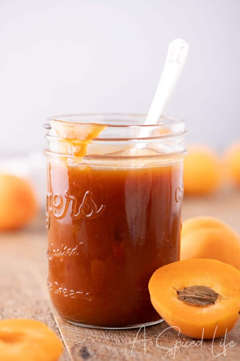 Thick fruity BBQ sauce made with apricots in a mason jar