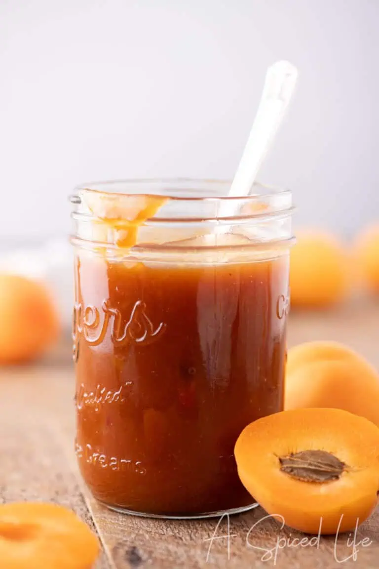 Thick fruity BBQ sauce made with apricots in a mason jar