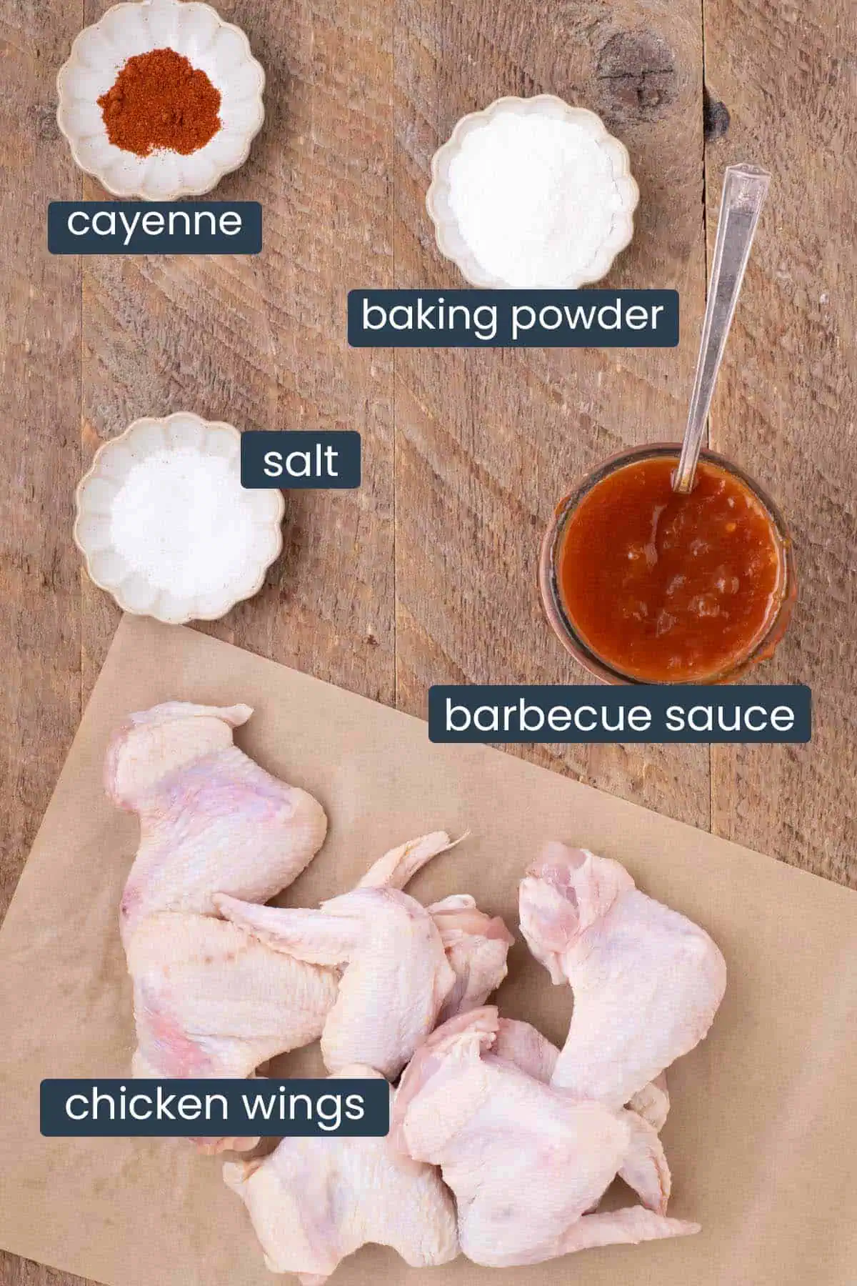 Ingredients for Air Fryer BBQ Chicken Wings including chicken wings, baking powder, cayenne pepper, salt, and apricot bourbon barbecue sauce.