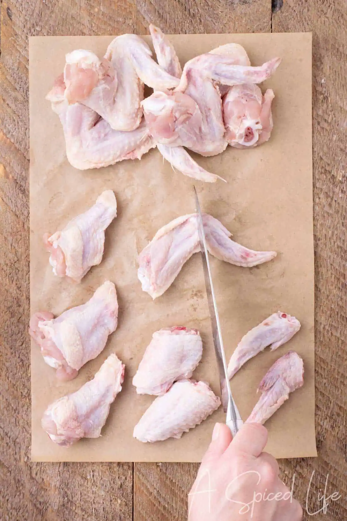 How to cut whole chicken wings by separating the drumette, flat and wing tip.