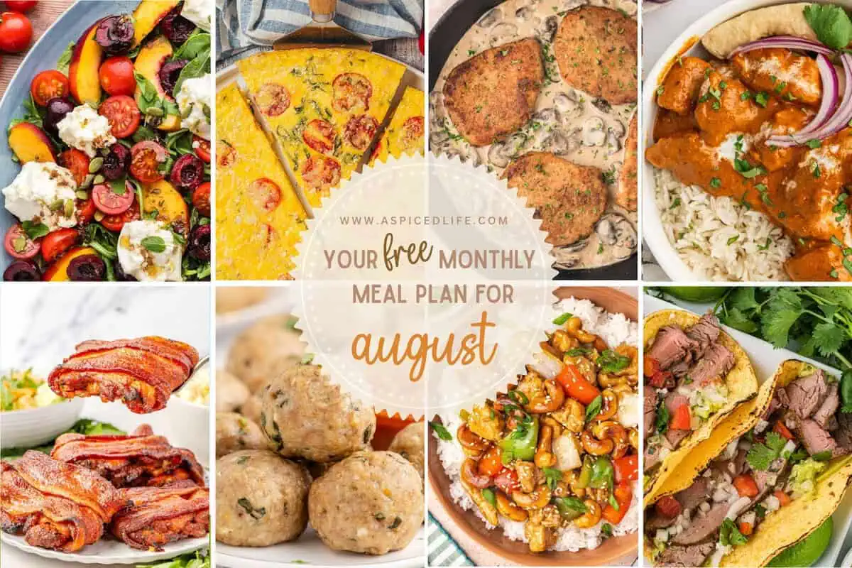 August 2026 family meal plan collage featuring seasonal salads, easy chicken dinners, meatballs, cashew chicken, and steak tacos.