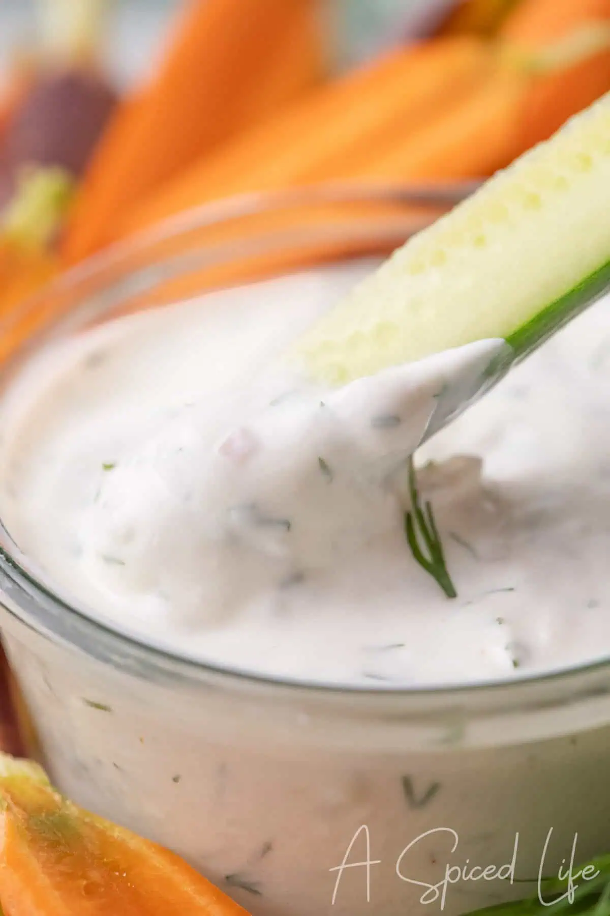 Cucumber spear dipped into thick yogurt dill sauce