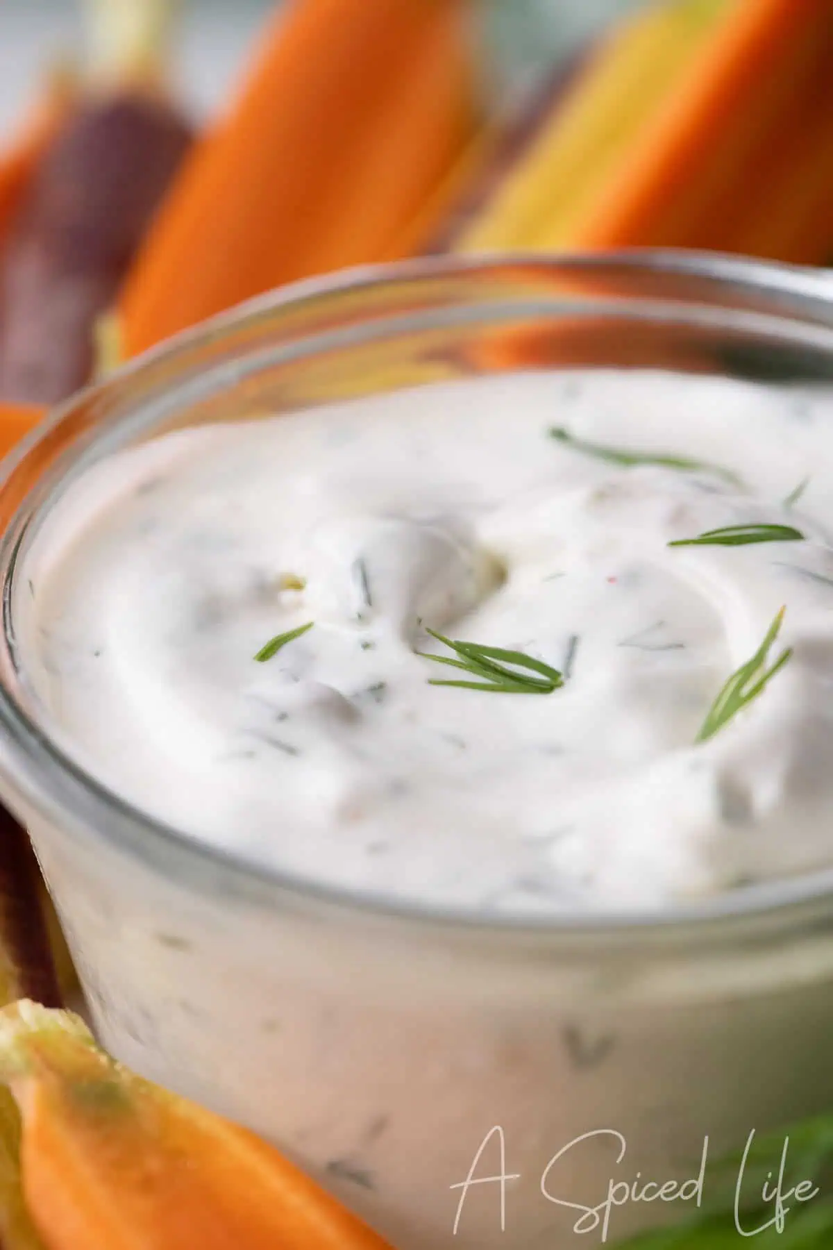 Greek yogurt dill veggie dip garnished with fresh dill and served with colorful carrots
