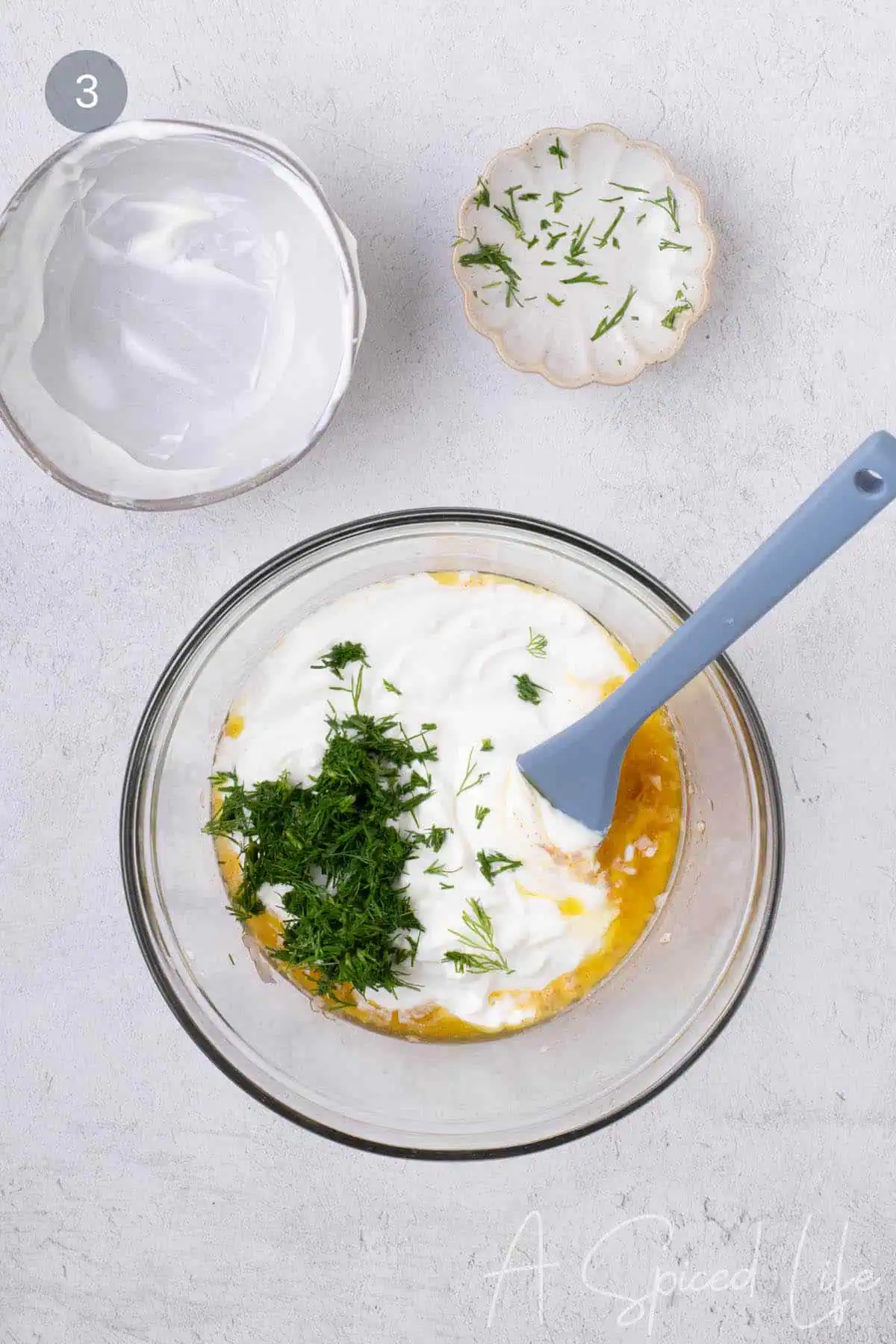 Greek yogurt, fresh dill, and minced shallot added to make Greek dill yogurt dip