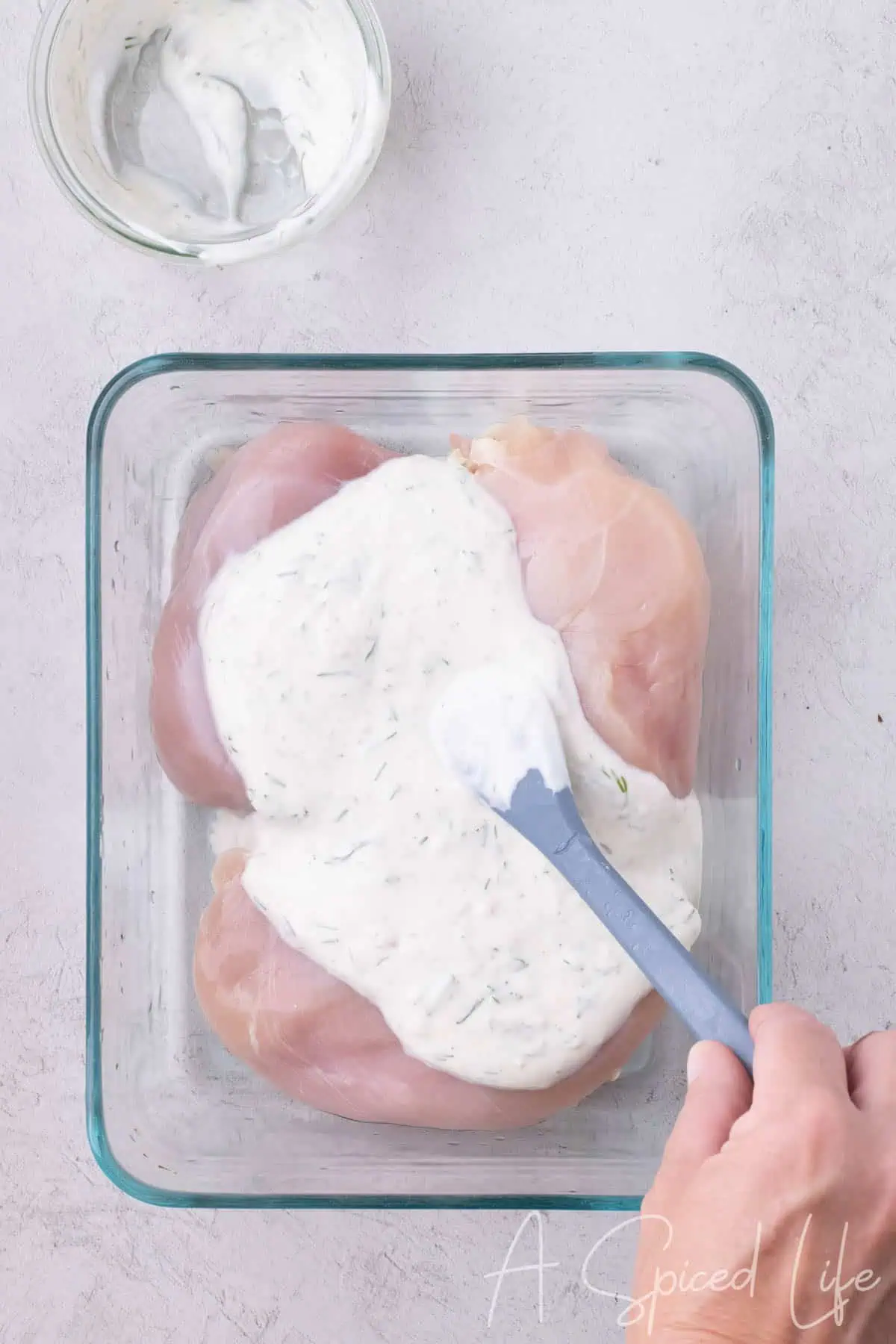 Greek yogurt dill marinade being spread over raw chicken breasts in a glass dish
