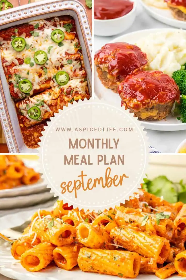 September monthly meal plan collage featuring enchiladas, mini meatloaf, and creamy pasta.