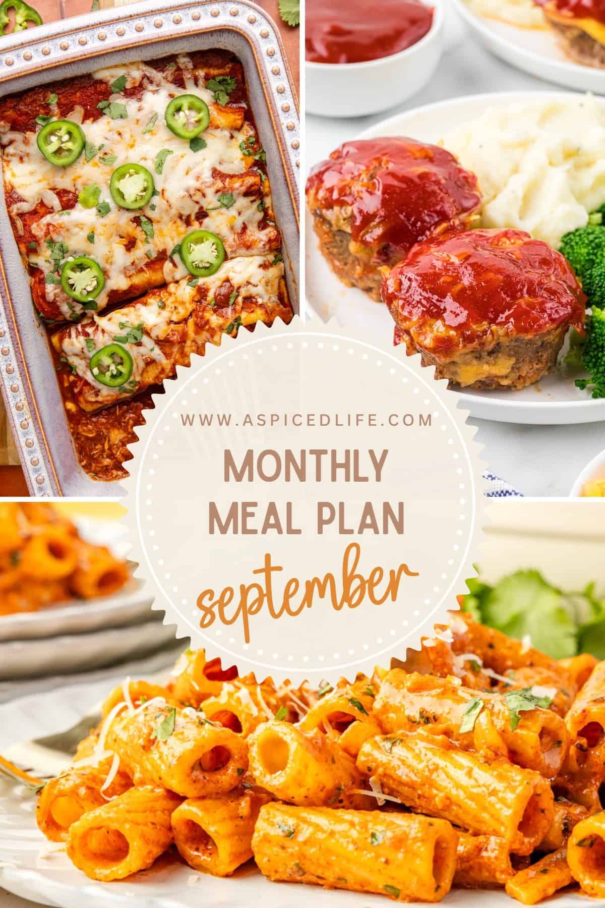 September monthly meal plan collage featuring enchiladas, mini meatloaf, and creamy pasta.