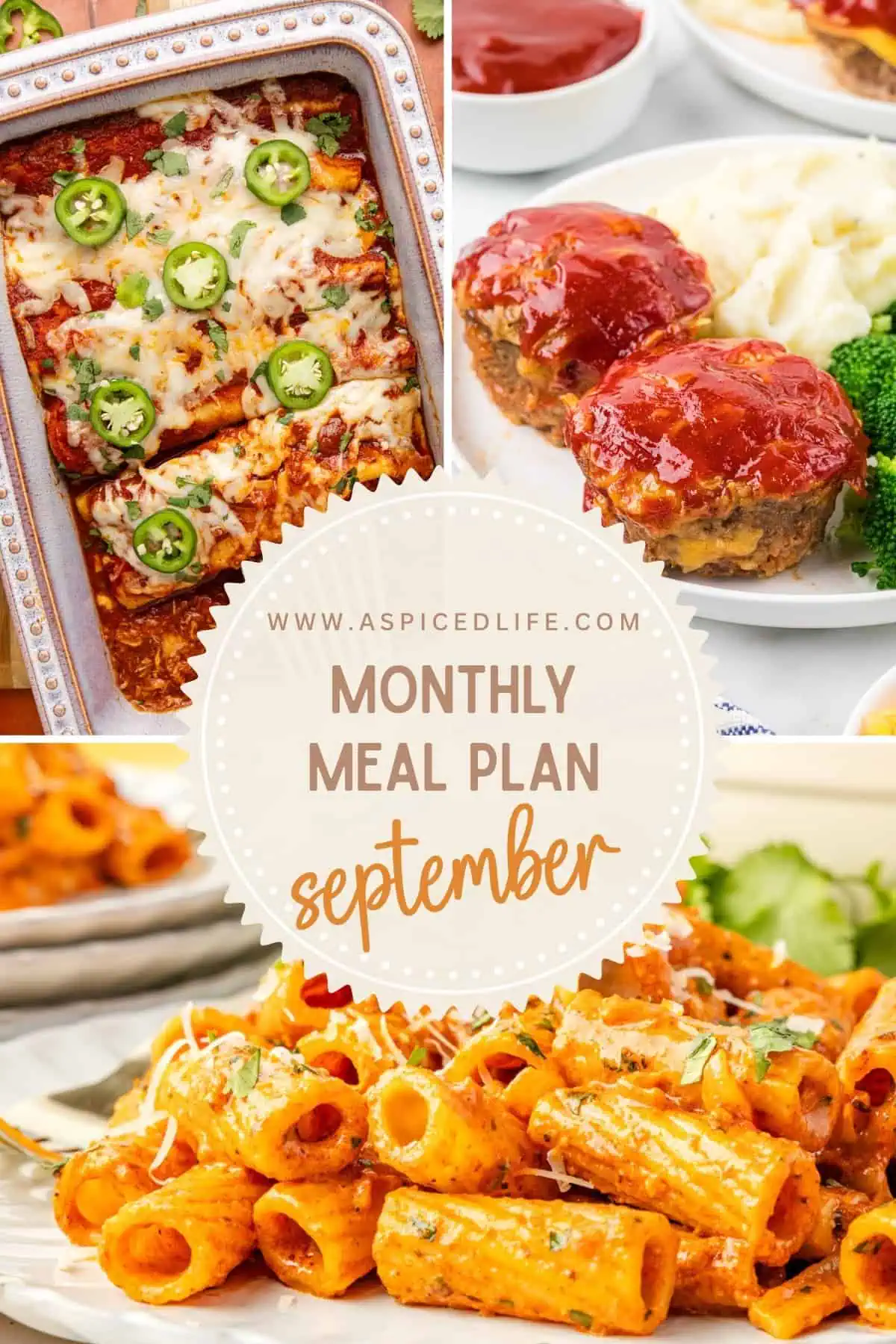 September monthly meal plan collage featuring enchiladas, mini meatloaf, and creamy pasta.