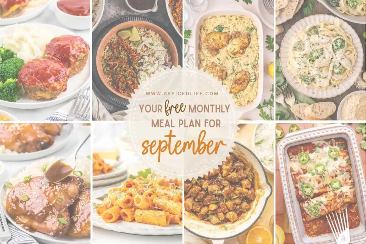 September 2026 family meal plan featuring a calendar of 30 dinner recipes.