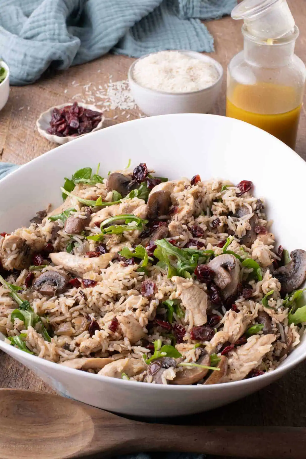 Chicken and rice salad with mushrooms, cranberries, and arugula, with apple cider-Dijon vinaigrette and rice in the background.