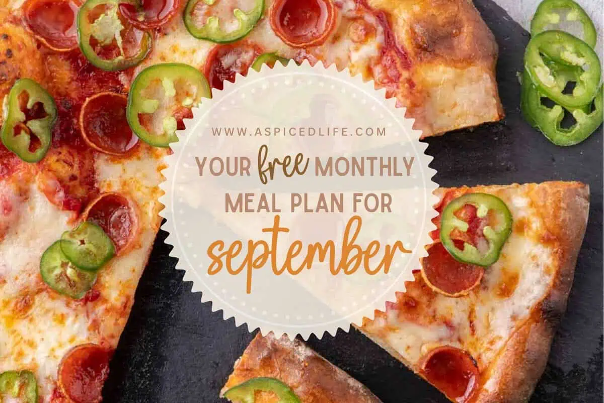 September 2026 monthly meal plan graphic over diavola and jalapeño pizza.