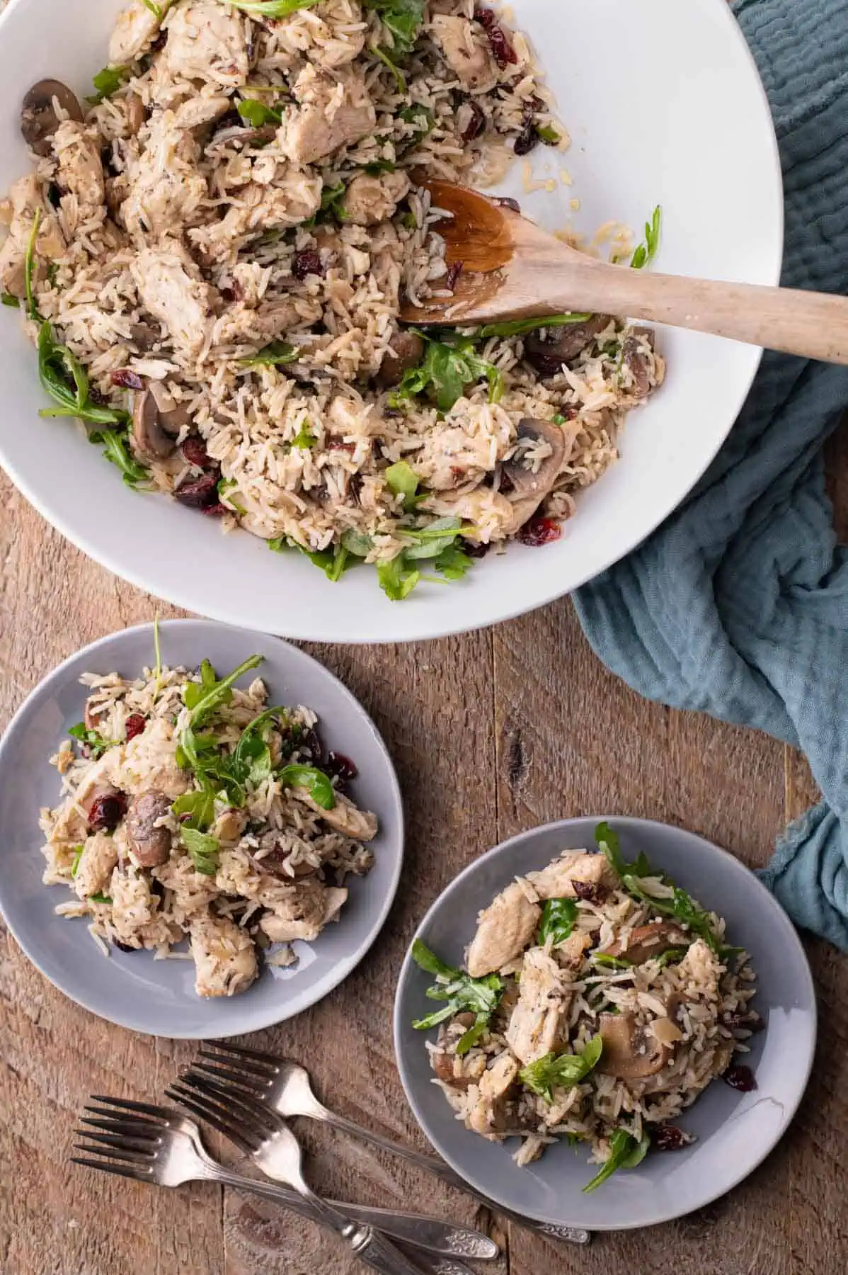 Family-style warm chicken and rice salad with mushrooms, cranberries, and arugula served in a large bowl with two individual portions.