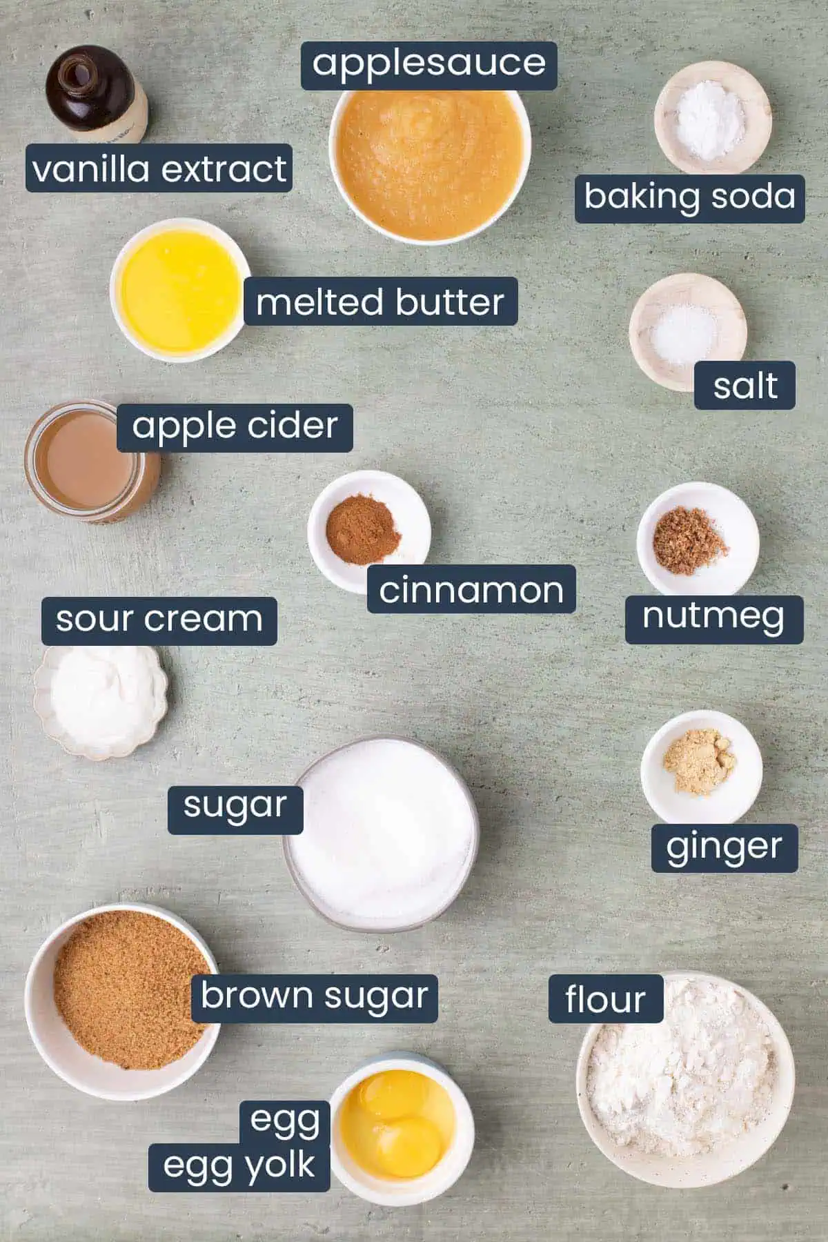 Labeled cake ingredients for applesauce crumb cake, including applesauce, flour, brown sugar, sugar, egg, egg yolk, apple cider, sour cream, melted butter, vanilla extract, baking soda, salt, cinnamon, nutmeg, and ginger.