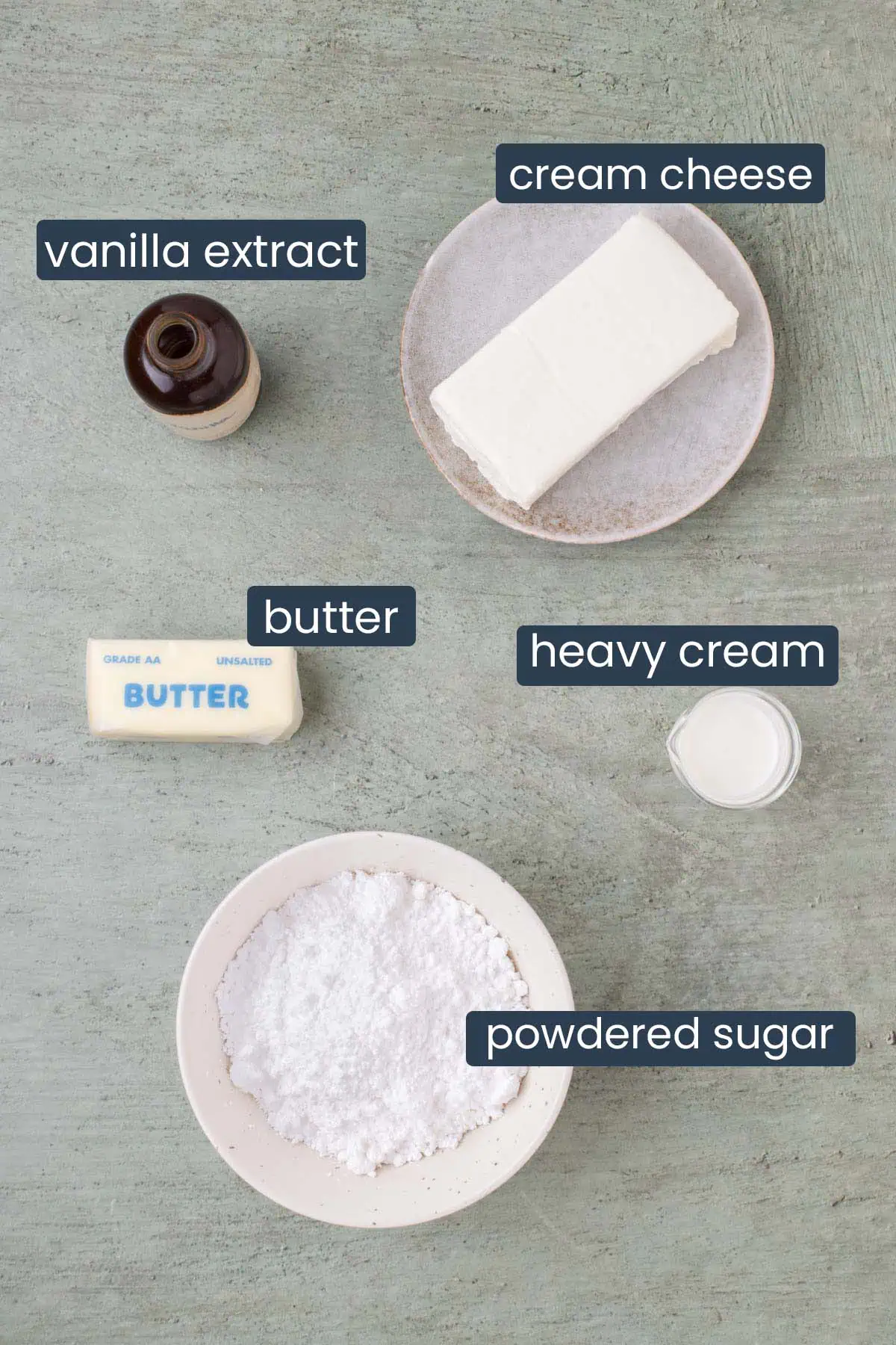Ingredients for cream cheese glaze, including cream cheese, butter, powdered sugar, vanilla, and heavy cream.